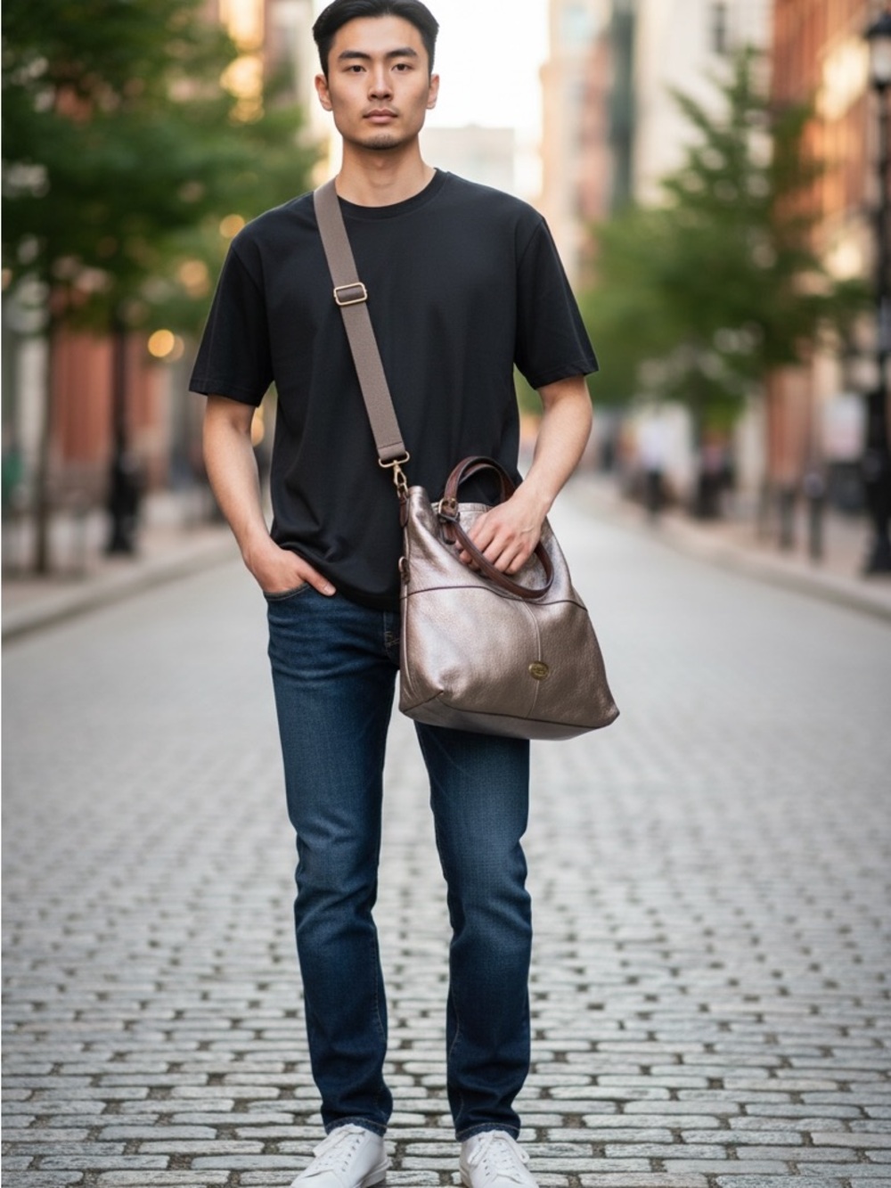 Fossil Metallic Brown Leather Briefcase Tote